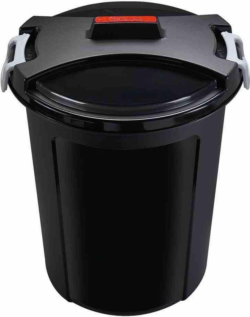A black trash can with a lid, shown from a slightly elevated front-diagonal angle.