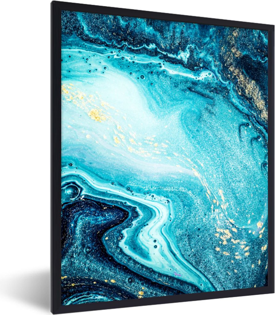 MuchoWow Gerahmtes Poster Marmoroptik - Blau - Gold - Luxe - Glitzer - Marmor 30x40 cm - Poster mit Schwarzem Bilderrahmen Wandposter Rahmen Foto...