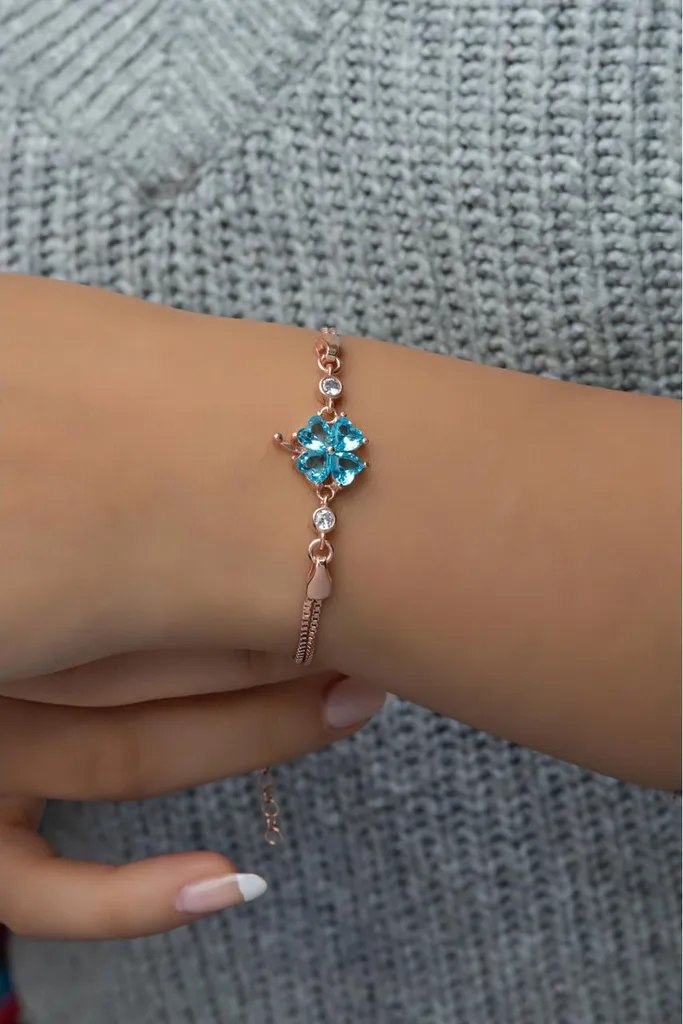 Bracelet Gourmette Femme en Argent Rose et Véritable Aigue-marine
