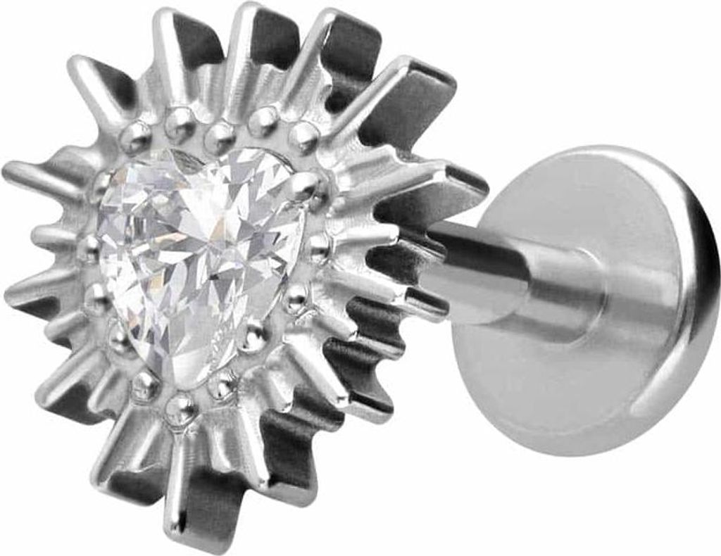 Ohrpiercing, Nasenpiercing Titan Labret mit Innengewinde KRISTALLHERZ + SONNENSTRAHLEN Silber Stablänge: 8mm | Stabstärke: 1,6mm