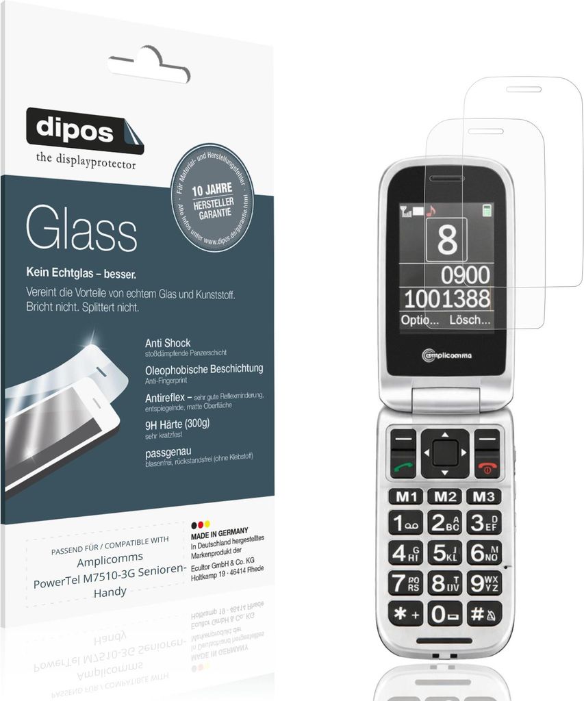 2x Schutzfolie für Amplicomms PowerTel M7510-3G Senioren-Handy matt - Anti-Shock 9H Folie dipos Glass Kunststoffglas