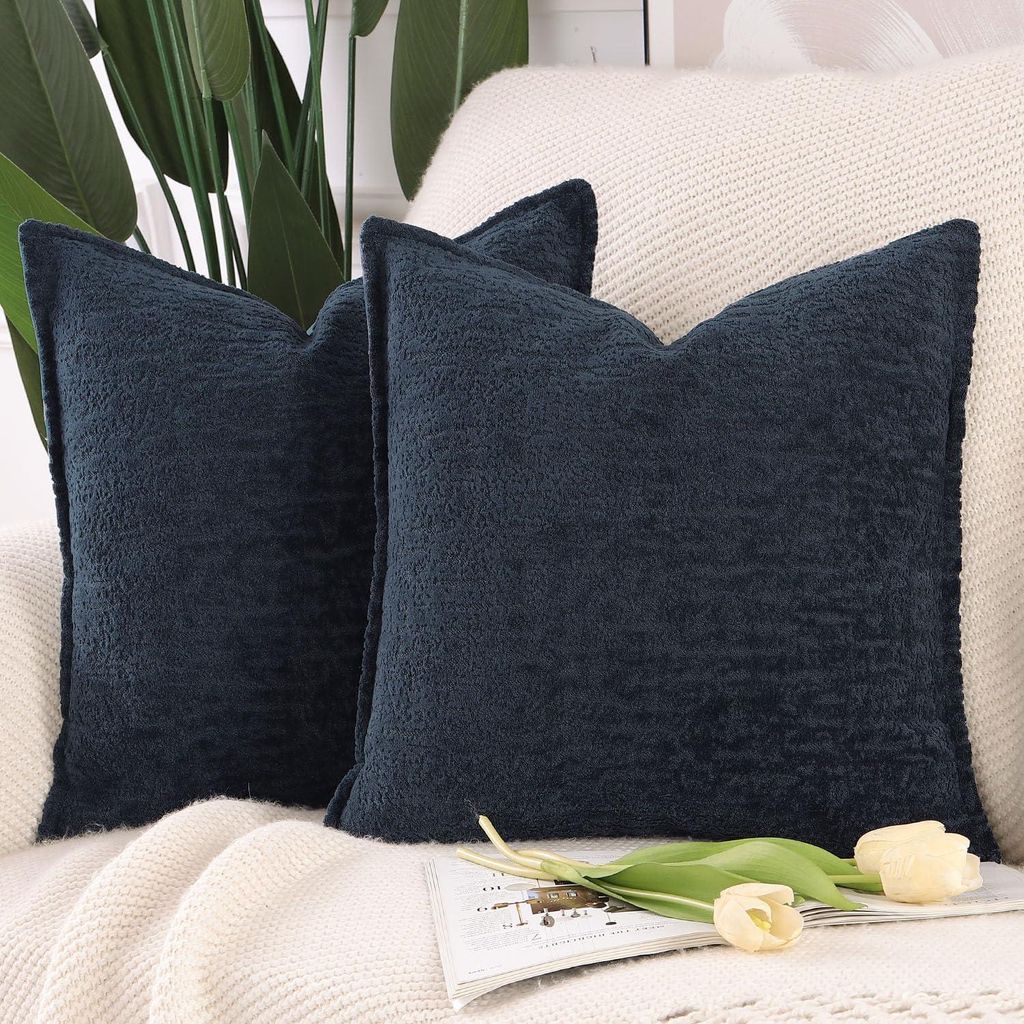 Set mit 2 Kissenbezügen aus Chenille-Samt mit Zierbordüre, weiche, neutrale Dekokissen für Sofa und Schlafzimmer, Boho-Kissenbezüge im Dunkelbl...