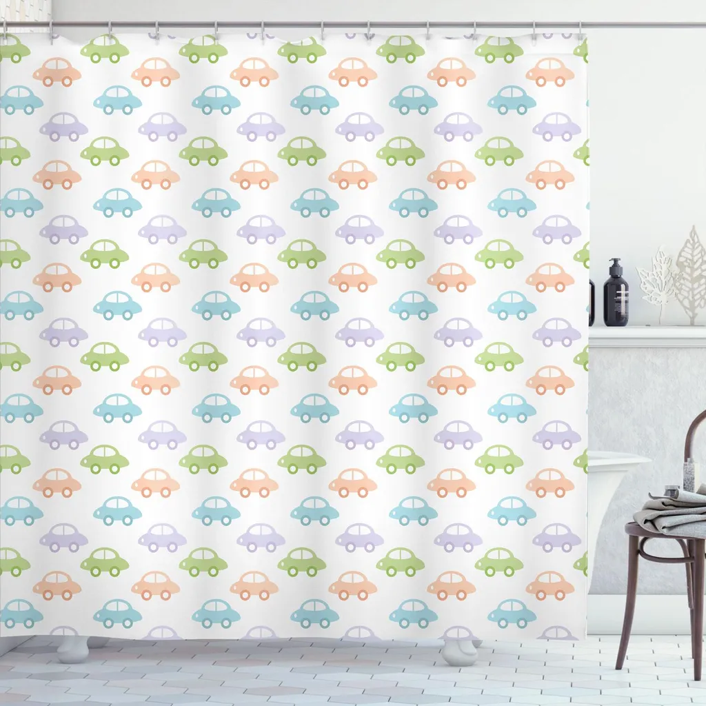 ABAKUHAUS Tenda da doccia con automobili, semplici automobili in colori pastello, icone ludiche dell'infanzia per bambini piccoli e neonati, 175 x 200 cm, multicolore