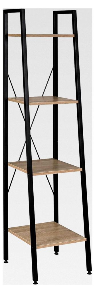 Standregal aus Holz und Stahl mit 4 Ablagen, ca. 34 x 35 x 148 cm, Schwarz + Hell Eiche