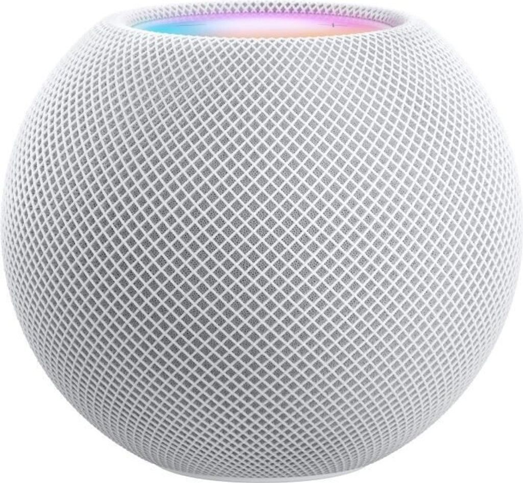 A white Apple HomePod mini smart speaker shown from a slightly elevated diagonal angle against a white background.