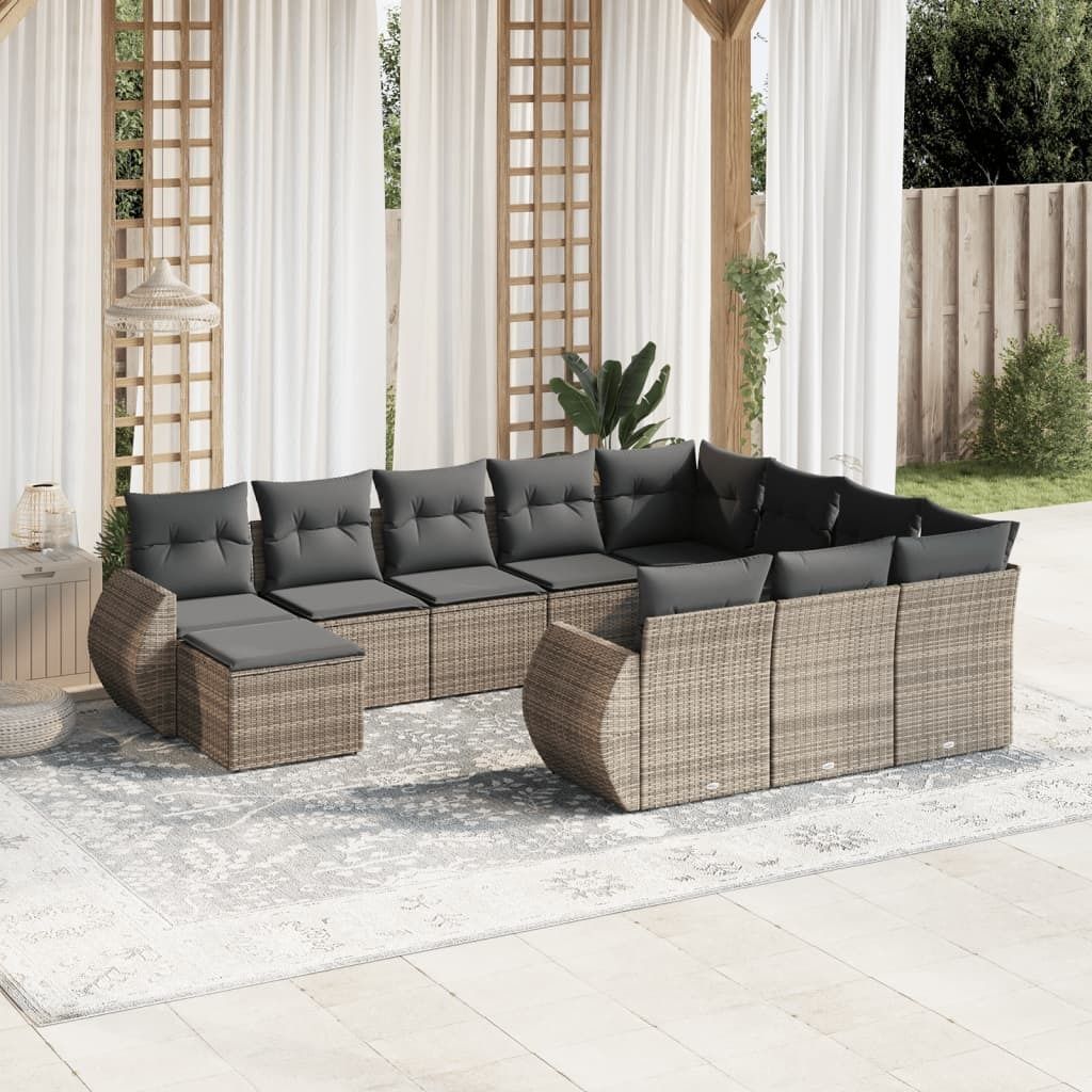 Design 11-tlg. Garten-Sofagarnitur mit Kissen Grau Poly Rattan, Gartenmöbel-Sets 2024 Neu