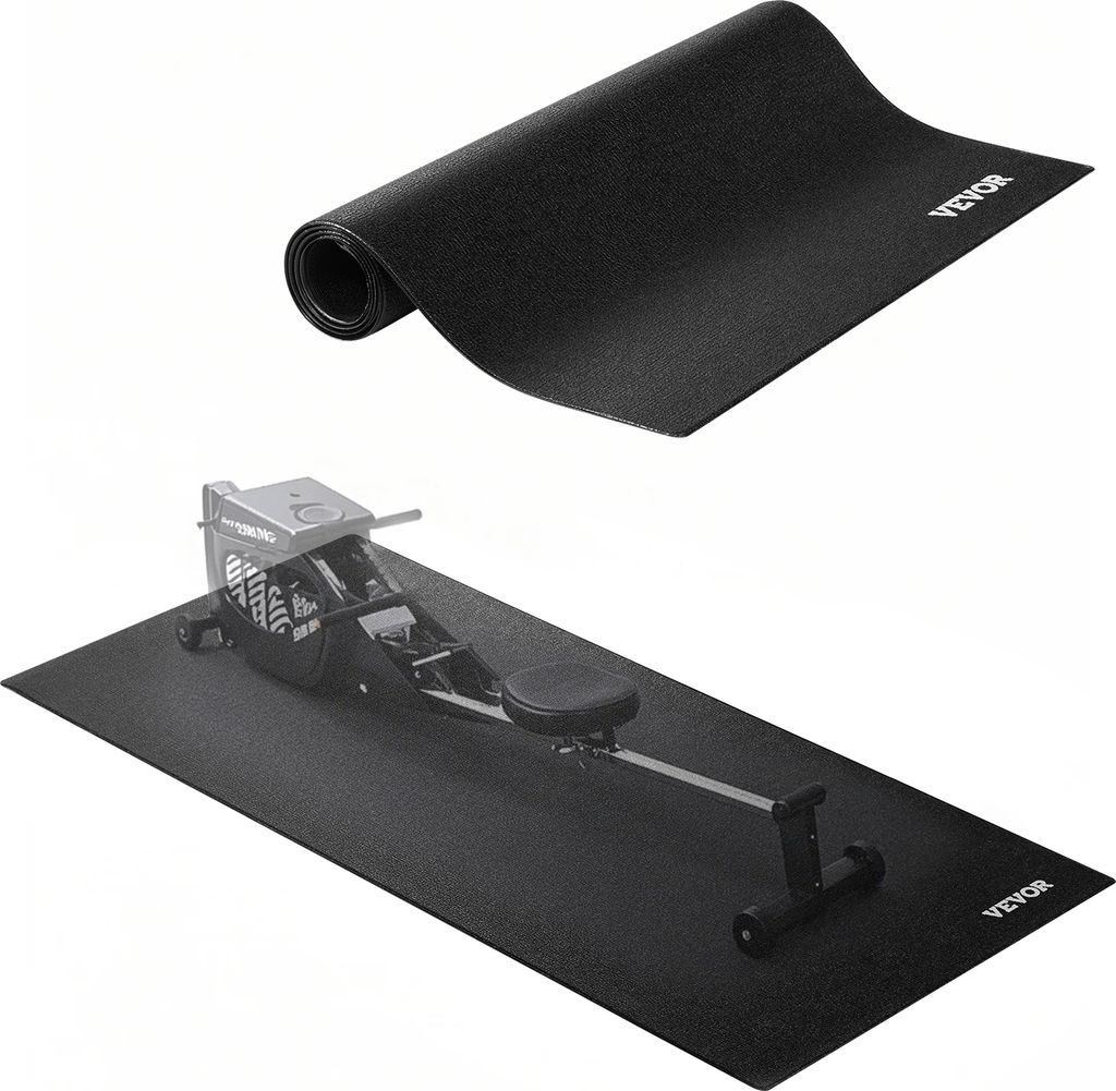 A black exercise mat is shown, both rolled up and unrolled with a rowing machine on top.
