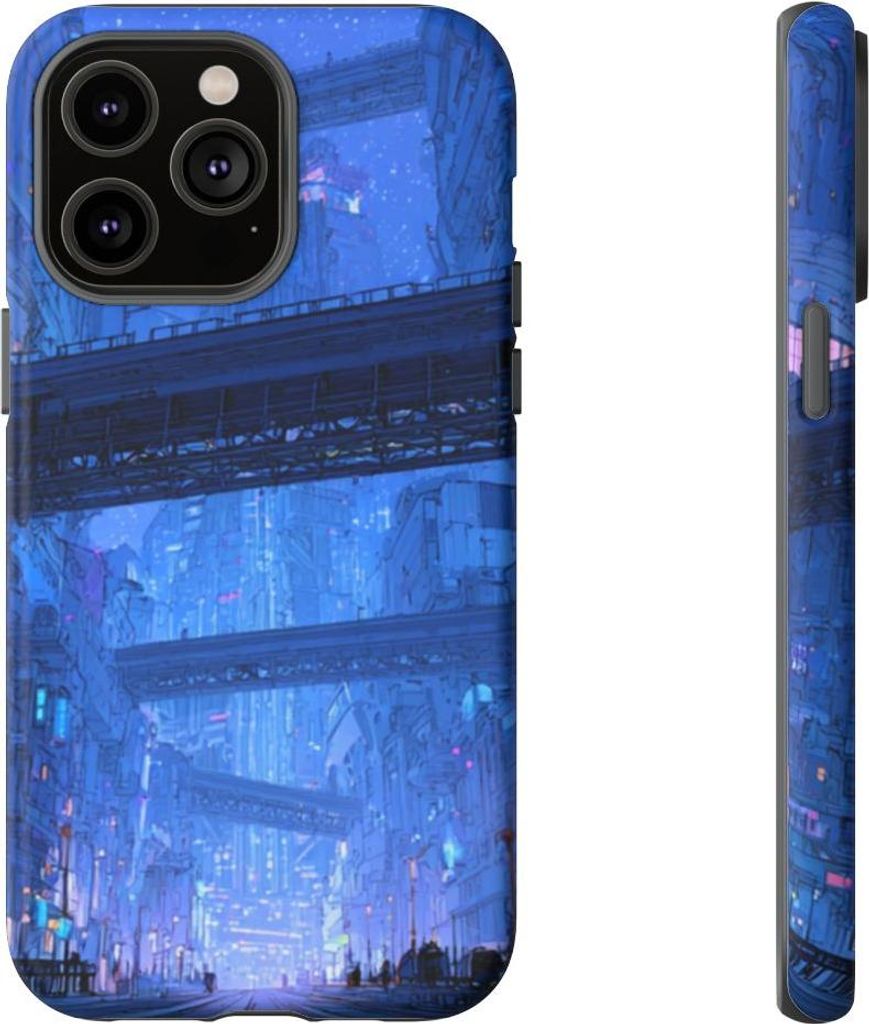 Futuristische blaue Großstadt – Hülle Kompatibel mit iPhone 14 Pro Max