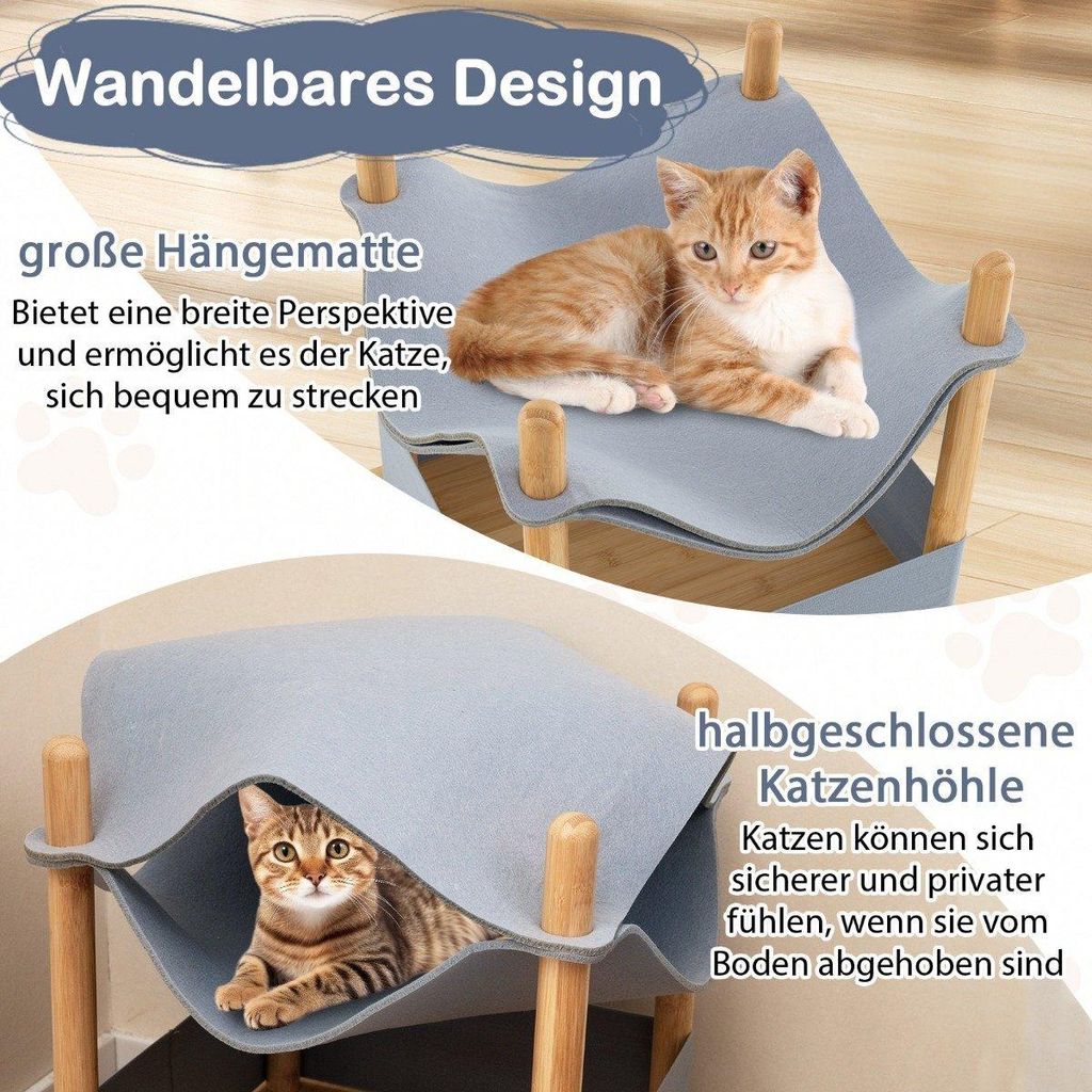 Katzenhaus 2 Etagen Bambus erhöhtes Katzenbett mit Stauraum 40 x 40 x 53 cm Natur+Grau