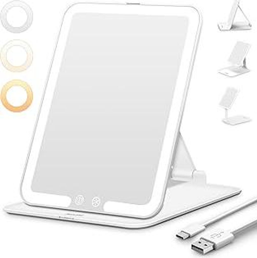 Auxmir Kosmetikspiegel mit Beleuchtung, Ultra Dünn Schminkspiegel mit 3 Lichtfarben, LED Spiegel mit Beleuchtung, USB Wiederaufladbar Tischspiegel...