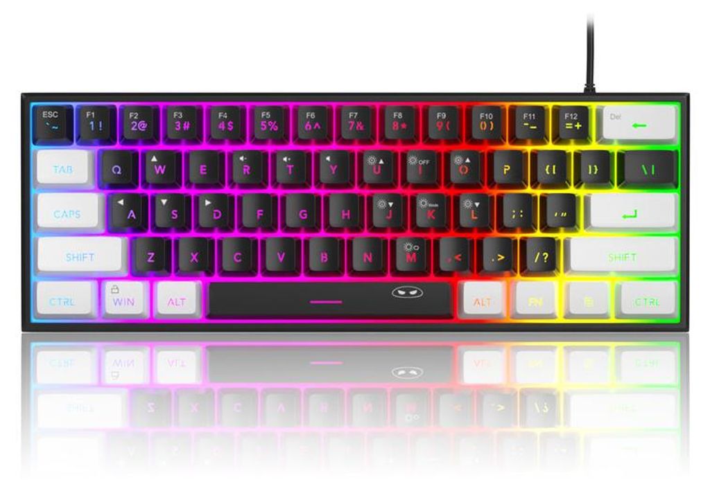 60% Gaming Tastatur kabelgebunden RGB, 61 Tasten Membran Keyboard mit FN Funktion & Anti-Ghosting, kompakte USB Tastatur weiß-schwarz