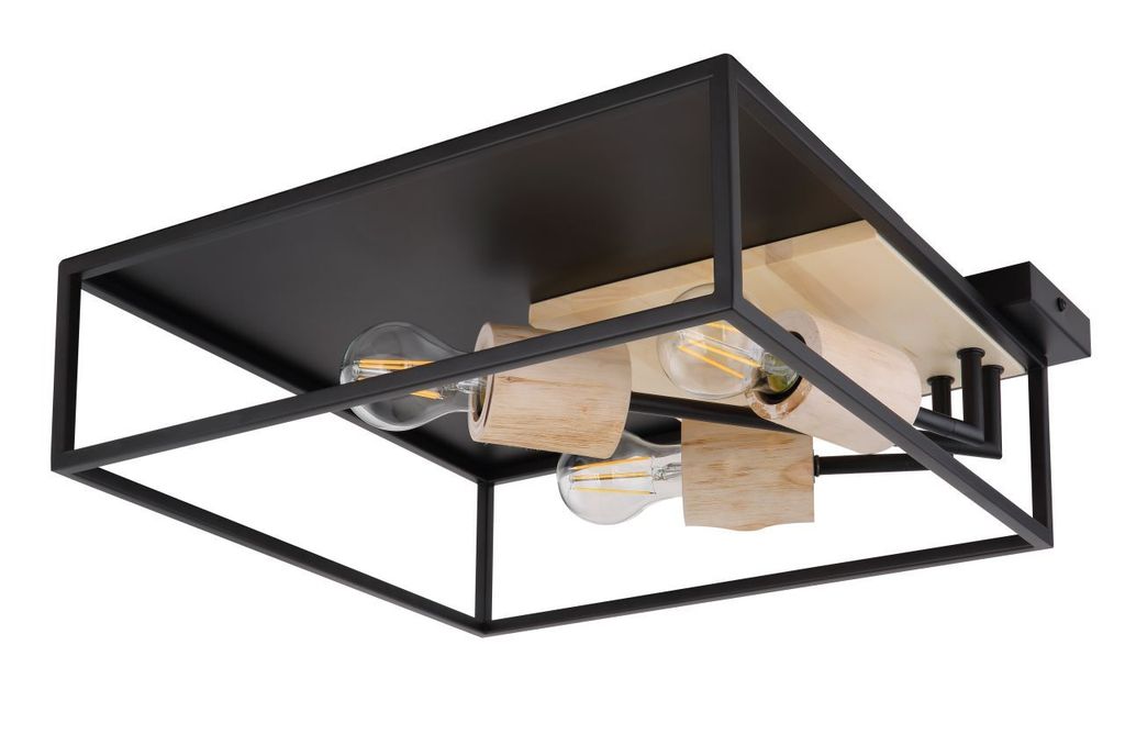 Globo Lighting Deckenleuchte Metall schwarz matt, Holz naturfarben, LxBxH: 440x440x145mm, exkl. 3x E27 15W 230V