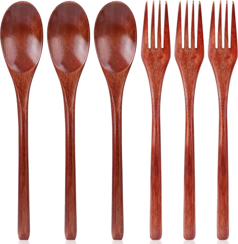 6 Stück Holzlöffel und Gabeln - 22,5 cm Wiederverwendbares Besteck für Essen - Serviergeschirr zum Kochen Tee Kaffee Honig Zucker Topf Kräuterl...