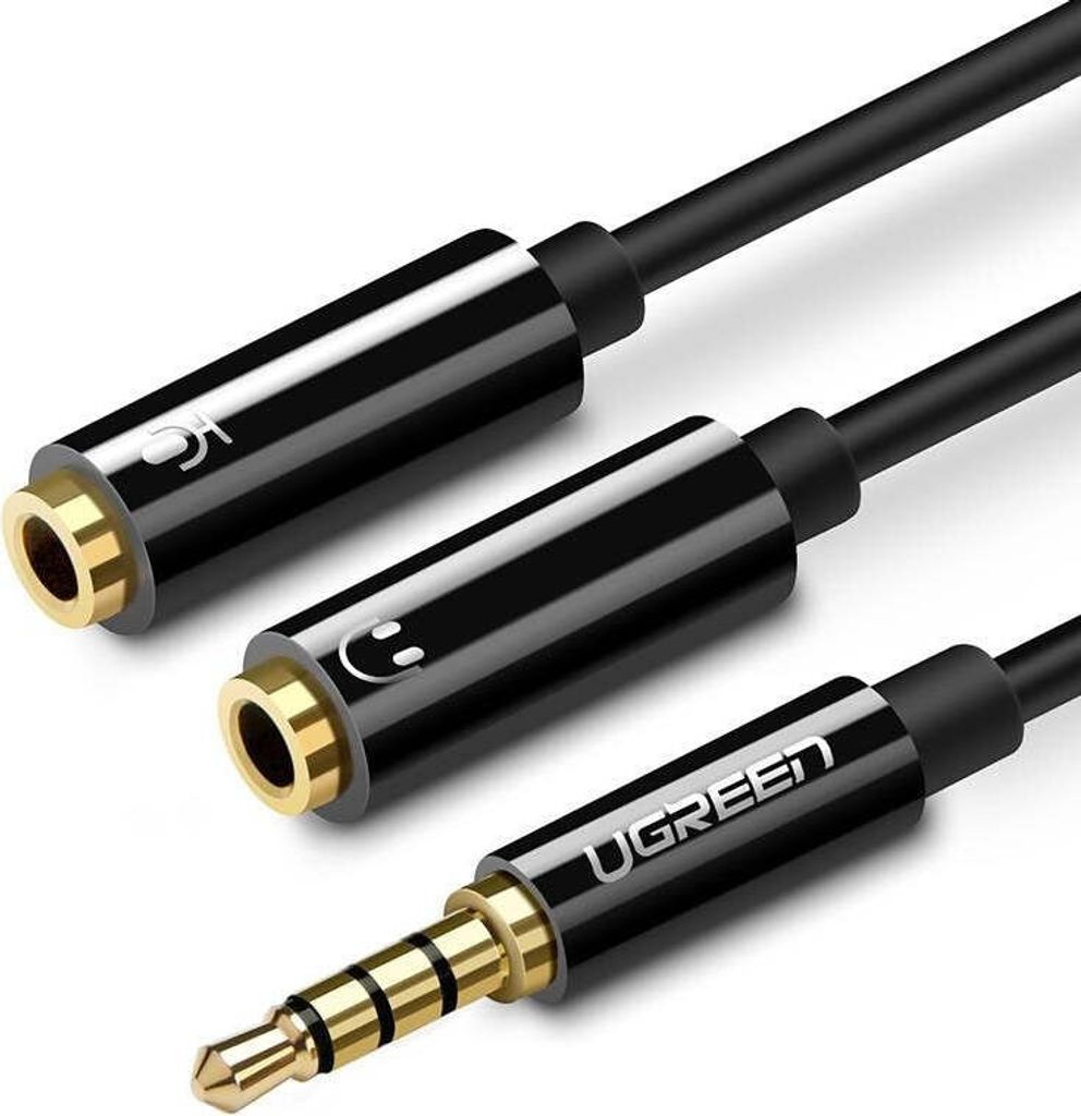 A close-up shot of a black audio splitter cable with gold connectors against a white background.