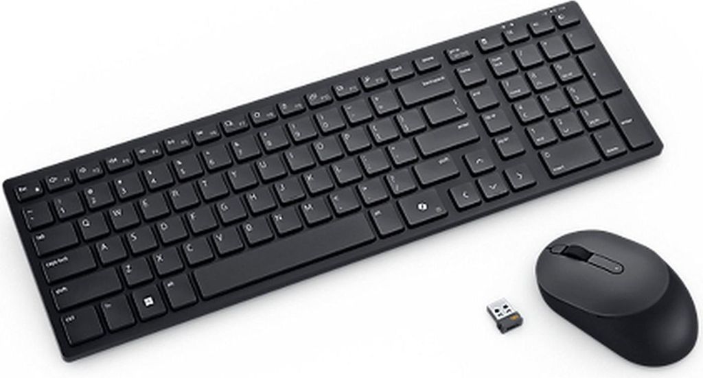 A black wireless keyboard and mouse set with a USB receiver, displayed on a white background.