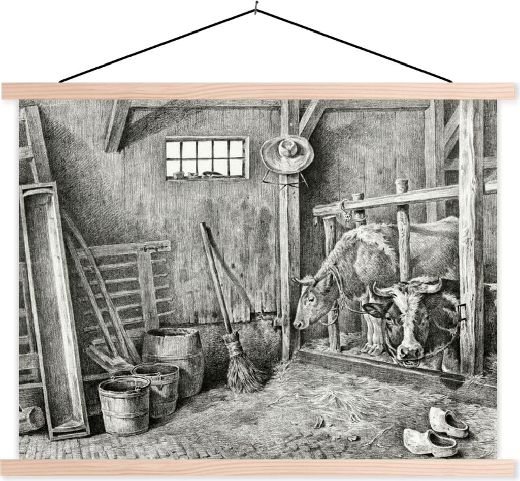 MuchoWow Textilposter Pferdestall mit zwei Kühen - Gemälde von Jean Bernard 150x113 cm mit holzfarbenen Rahmen - Poster