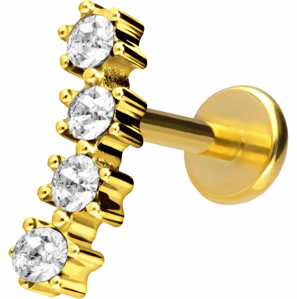 Ohrpiercing, Nasenpiercing Titan Labret mit Push Fit 4 EINGEFASSTE KRISTALLE Gold Stablänge: 8mm | Stabstärke: 1mm
