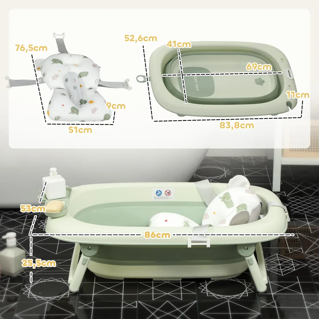 Baignoire Bébé Pliable avec Vidange Rapide - Design Compact Vert Pastel - 3