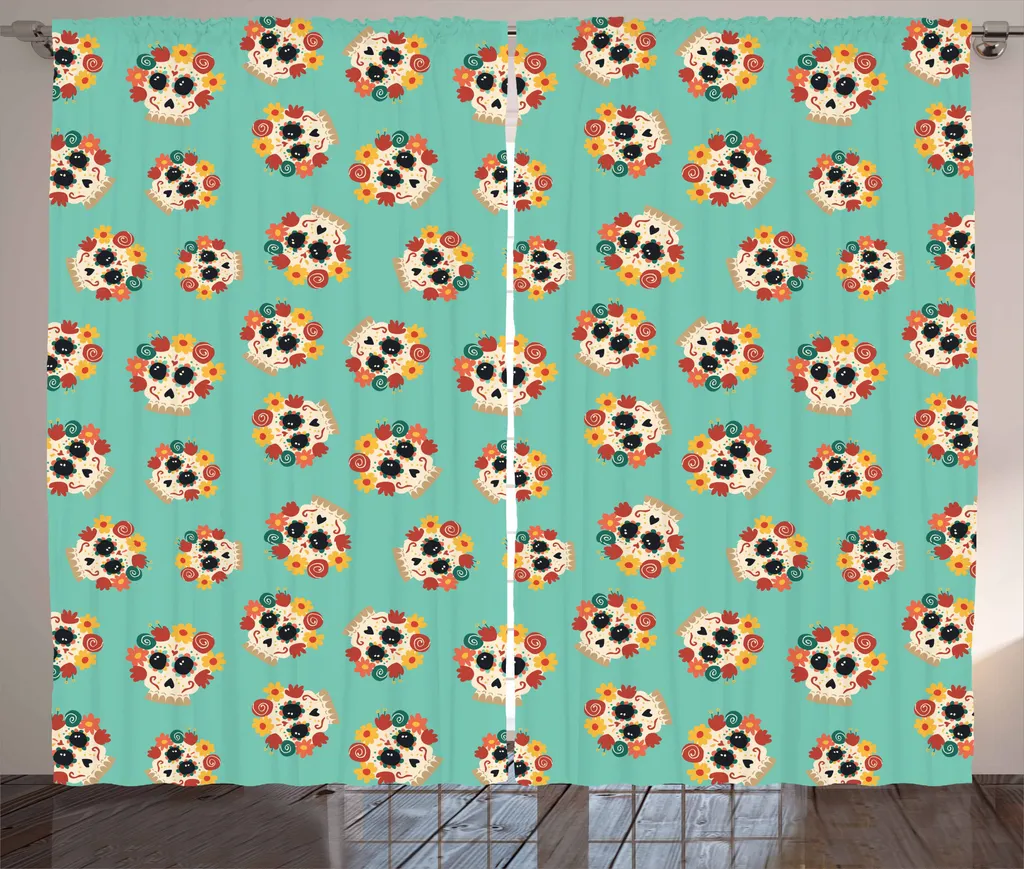 ABAKUHAUS Tenda rustica con teschi di zucchero, teschi latinoamericani, tende universali per soggiorno con passanti e ganci, 280 x 175 cm, turchese e multicolore