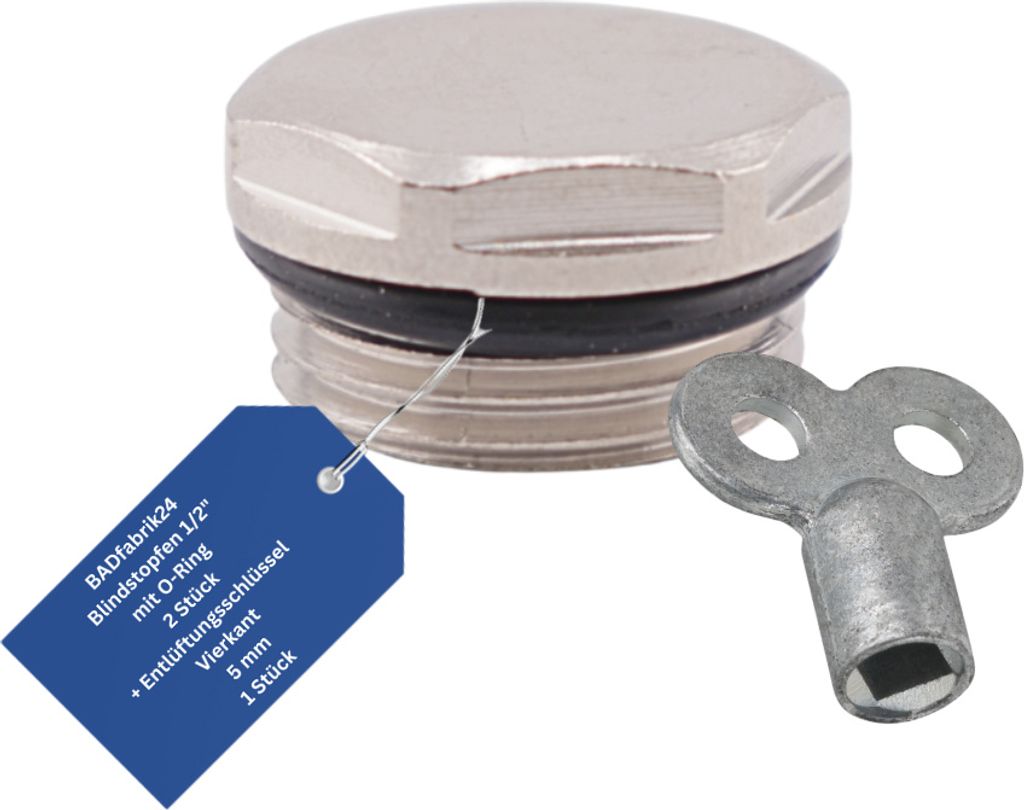BADfabrik24 Blindstopfen 1/2" mit O-Ring 2 Stück + Entlüftungsschlüssel aus Metall, Vierkant 5mm 1 Stück