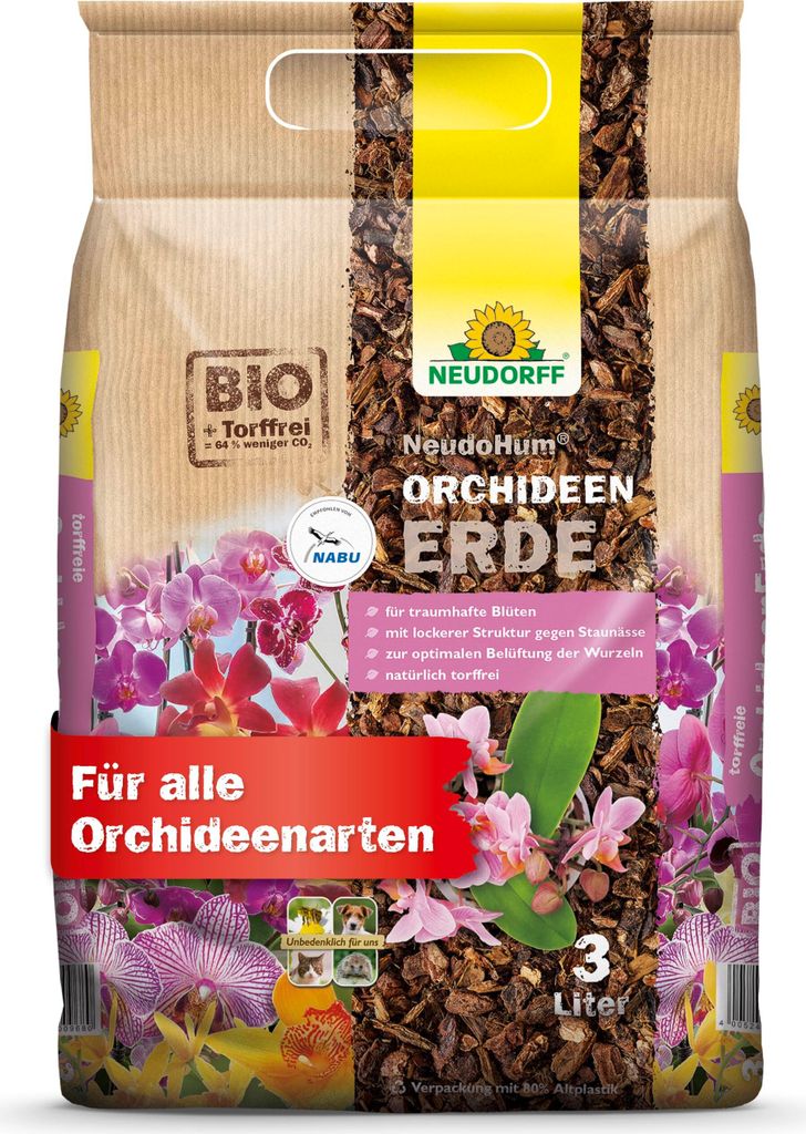 A bag of orchid soil with images of orchids on it.