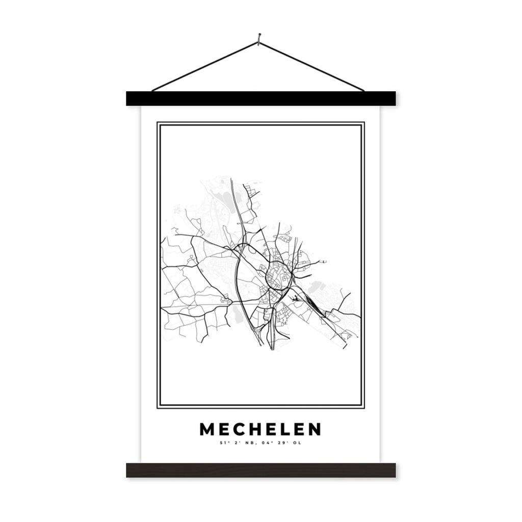 MuchoWow Textilposter Belgien - Mechelen - Stadtplan - Karte - Schwarz und weiß - Karte 60x90 cm mit schwarzem Rahmen - Poster Wohnzimmer