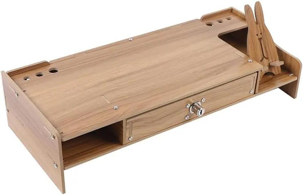 Monitorständer Schreibtisch - Bildschirmerhöhung mit 1 abschließbarer Schublade - Holzsockel - Handyhalter - Rechteckig - 1,6 kg