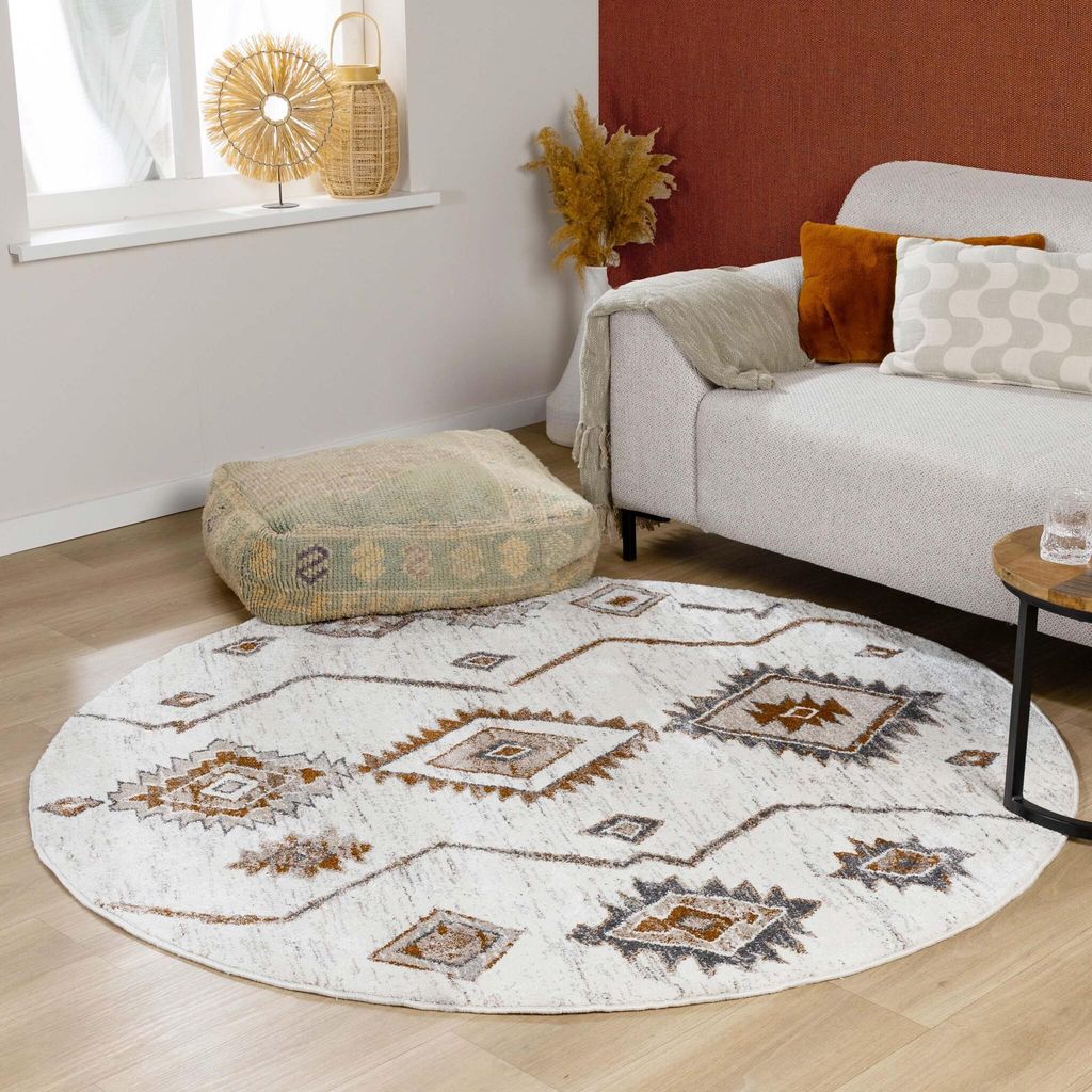 Hochflor Teppich Rund - Blend Aztec Creme Bunt - Ø 200 cm - Wohnzimmer, Esszimmer, Schlafzimmer - FRAAI | Home & Living - Boho, Ländlich, Modern,...