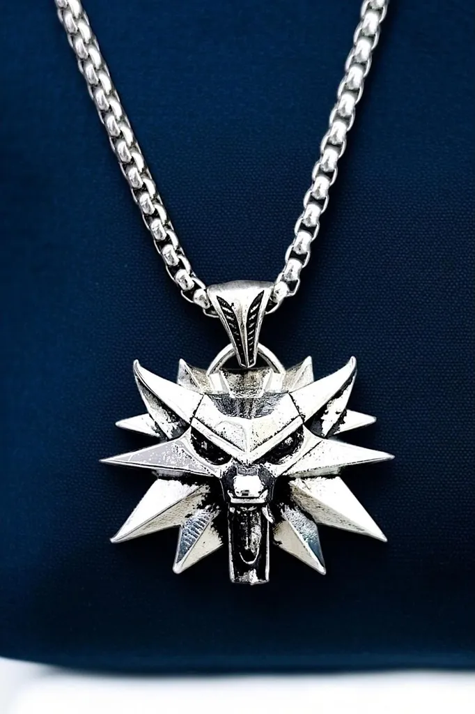 Pendentif tête de loup pour homme style Witcher en acier argenté massif