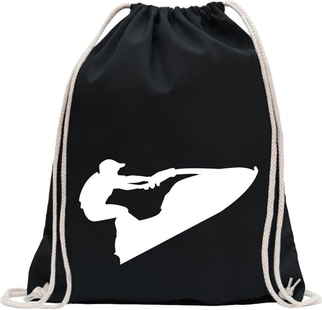 Kiwistar - Turnbeutel - schwarz - Jet-Ski Jetboot Fahrer Figur - Fun Rucksack Sport Beutel Gymsack Baumwolle mit Ziehgurt