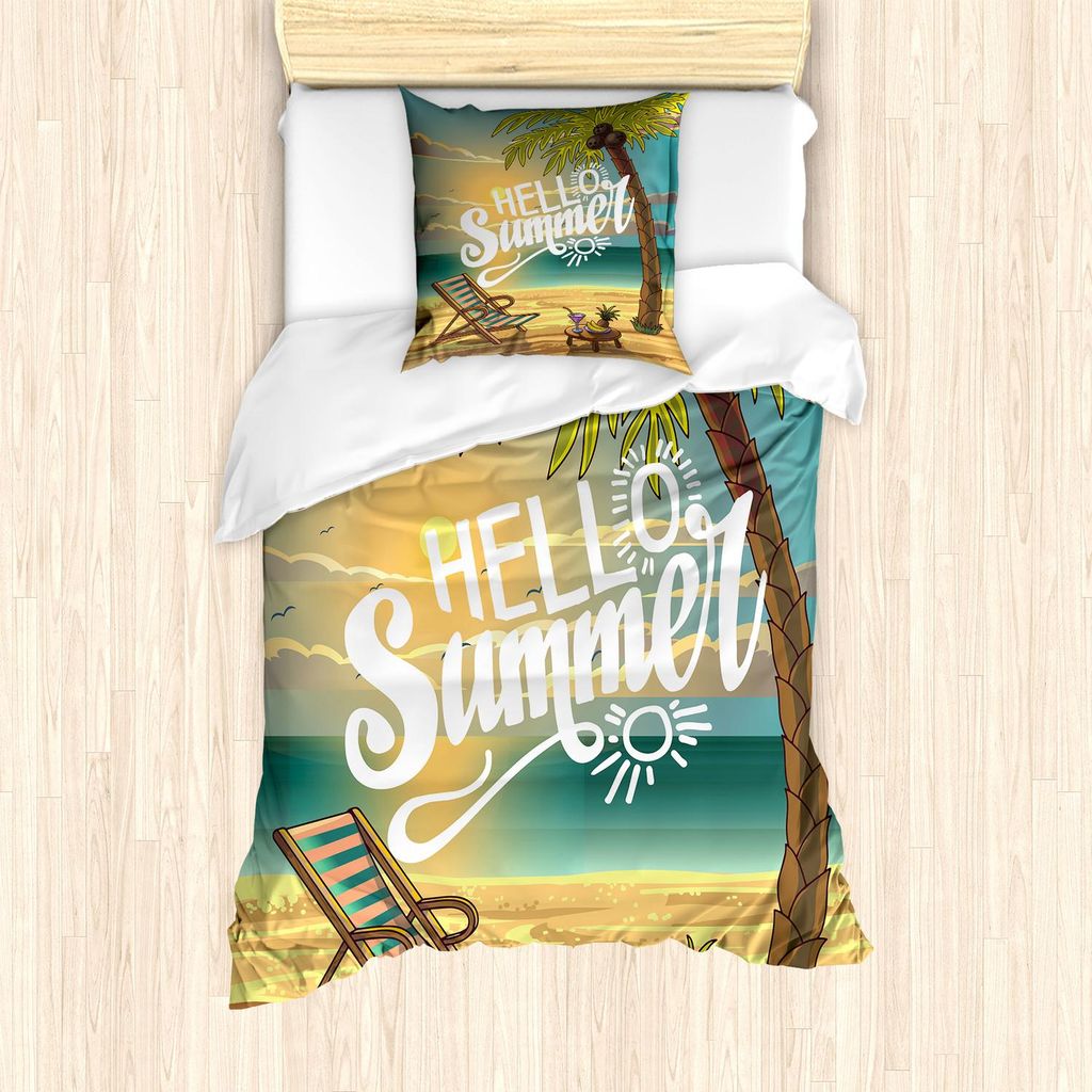 ABAKUHAUS Hallo Bettbezug Set, Küste mit Palme und Stuhl-Illustration mit hallo Sommer-Kalligraphie-Druck, 135 x 200 cm + 80 x 80 cm, Mehrfarbig