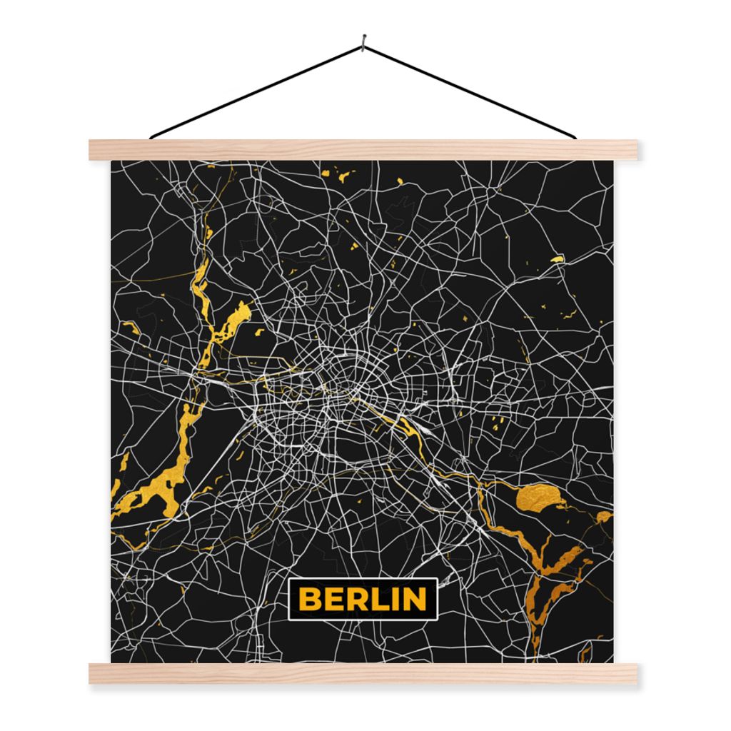 MuchoWow Textilposter Berlin - Deutschland - Karte - Stadtplan - Gold 120x120 cm mit holzfarbenen Rahmen - Textil-Poster