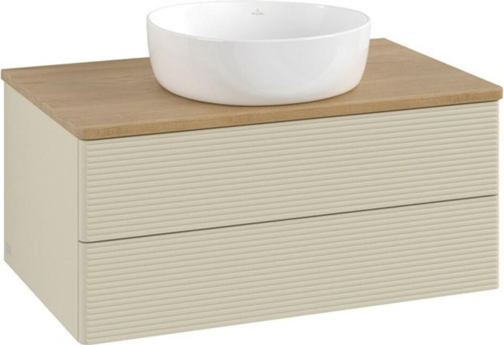 V&B Waschtischunterschrank mit Frontstruktur -Beleuchtung Antao 80x36x50cm, WBP hon. Oa, si Gr m Lac