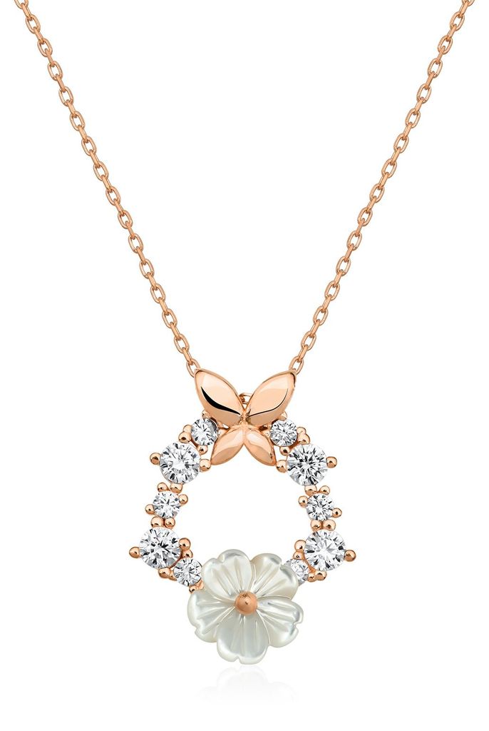Edle 925 Silber Kette Rosegold – Elegante Manolienblüte Halskette mit Schmetterling