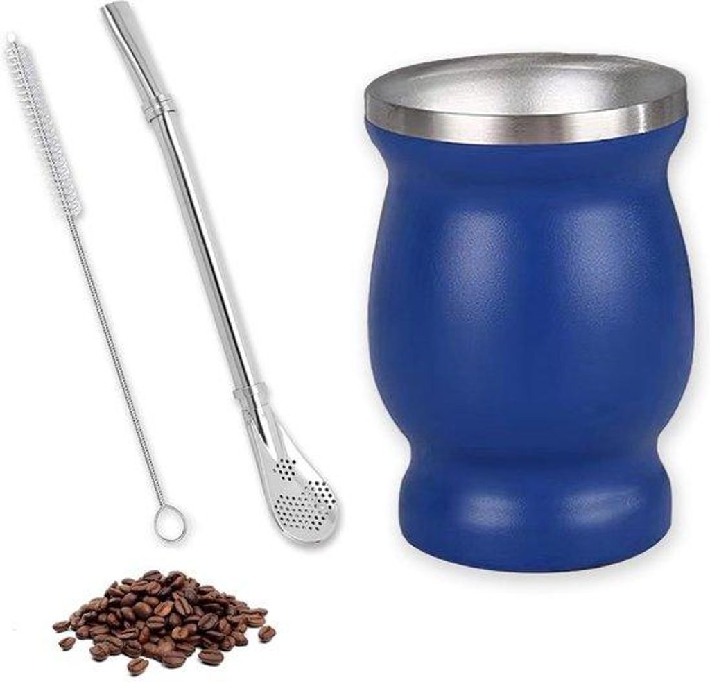 Mate-Teeset, roestvrij staal, dubbelwandig, 260 ml, mit Löffel und Reinigungsbürste, für Mate Tee, Kaffee