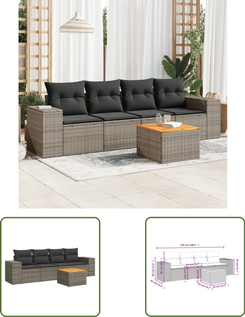 The Living Store 5-tlg. Garten-Sofagarnitur mit Kissen Grau Poly Rattan