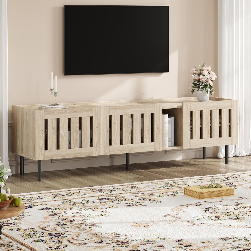 Merax Minimalistischer TV-Ständer mit 3 Türen und 4 Ablagefächer, TV-Schrank mit Holzleisten-Design, geeignet für 65-Zoll-Fernseher, MDF,Naturb...
