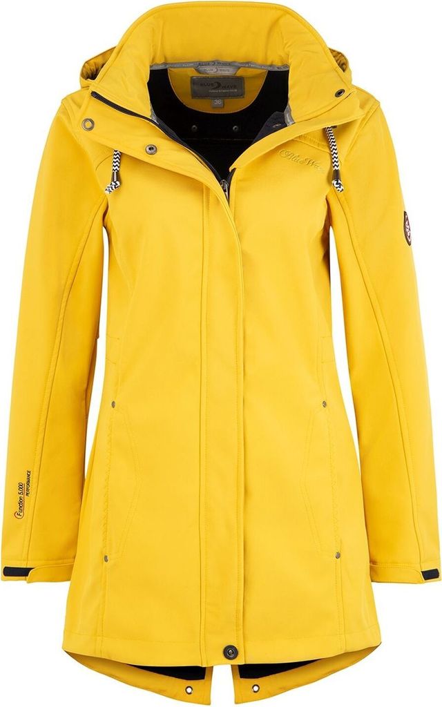 Blue Wave Damen Softshellmantel Birgit - Softshelljacke Outdoor-Jacke mit abnehmbarer Kapuze in Gelb Größe 38