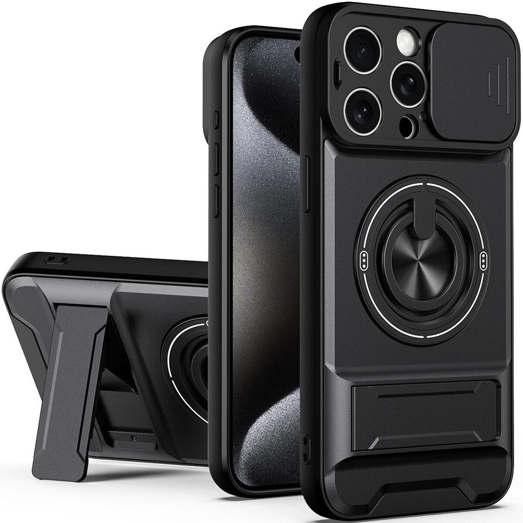 Magnetisch Hülle für iPhone 15 Plus Militär Stoßfest Hülle mit Dia Kameraschutz und Ringhalter Ständer Schwarz