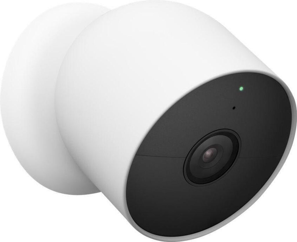 A white Google Nest Cam security camera is shown against a white background.