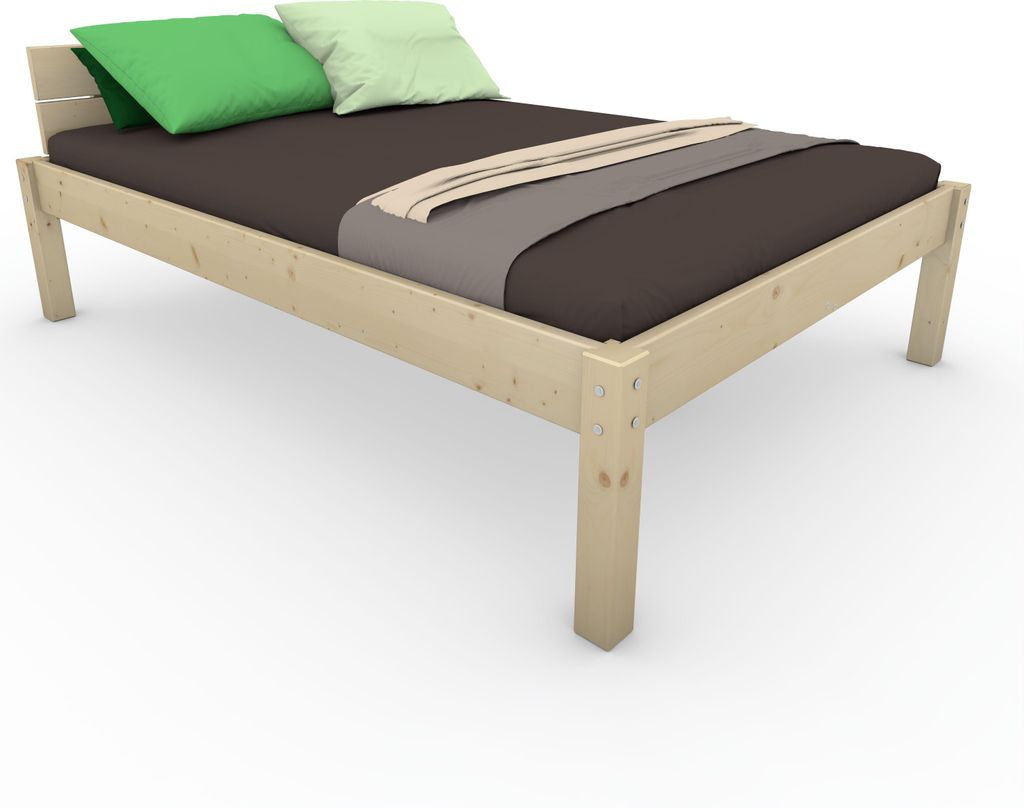 A wooden bed frame with a mattress, two pillows, and a folded blanket.