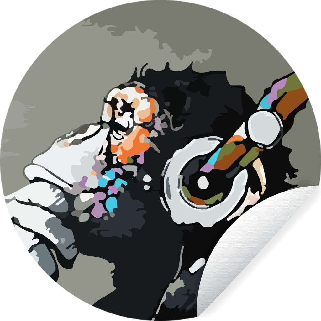 MuchoWow Runde Wandtattoo - Wandsticker Tapete Aufkleber Gemälde - Ölgemälde - Affe - Kopfhörer Ø 100 cm Selbstklebend und Repositionierbar ...
