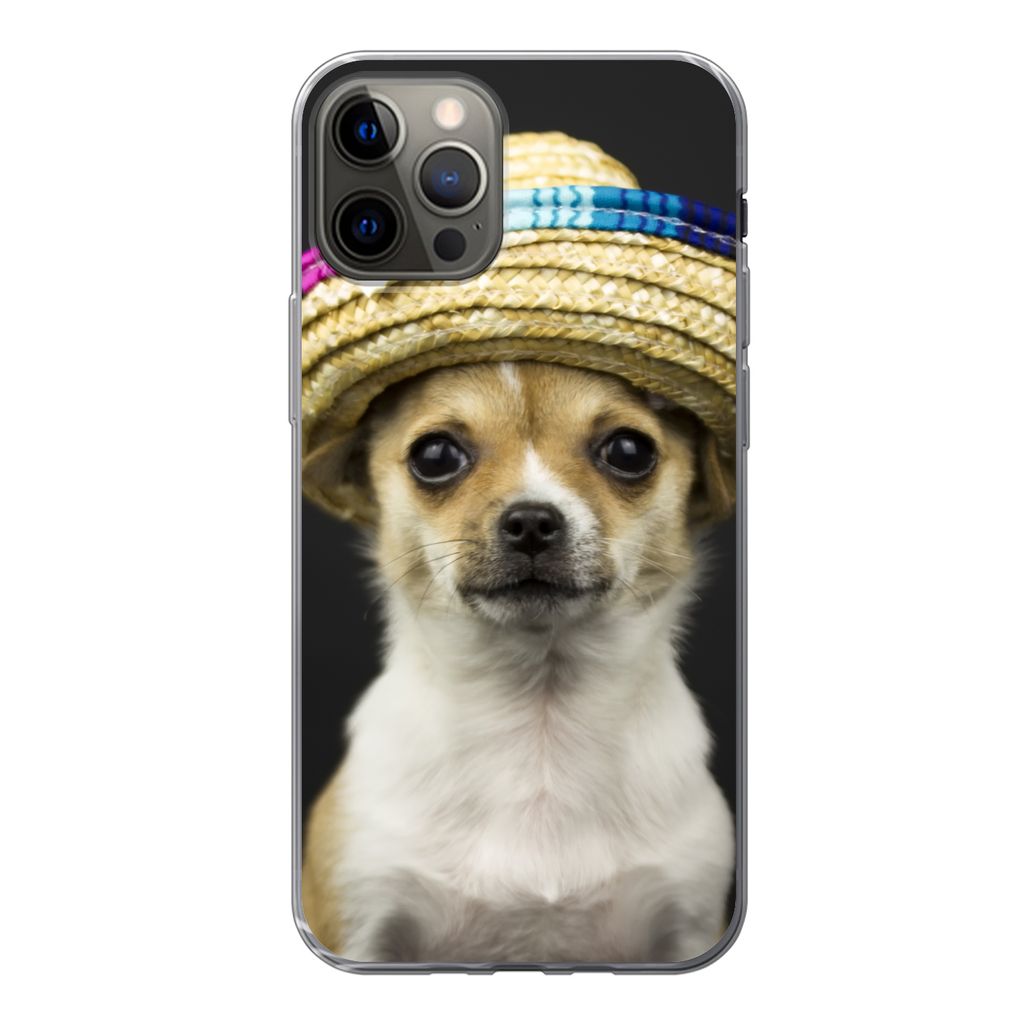 MuchoWow Handyhülle Schutzhülle Hülle für iPhone 12 Pro Hund - Sombrero - Schwarz Silikon Softcase Handy Hülle - Abdeckung