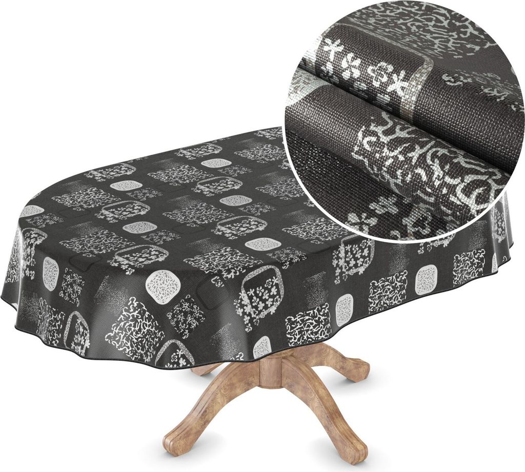 Tischdecke Wachstuch Premium Ornamente Schwarz Robust Wasserabweisend Oval Breite 140 cm Länge 180 cm