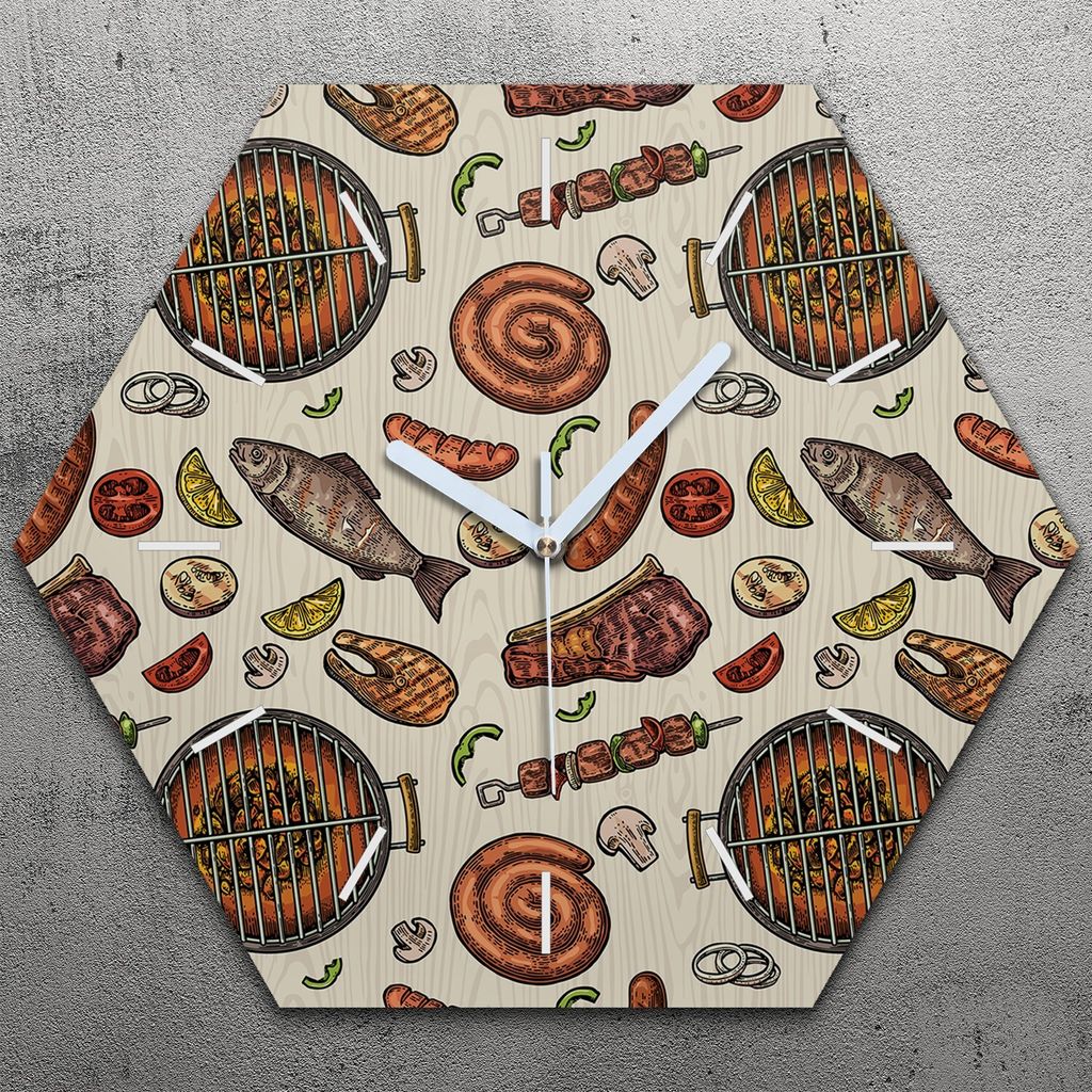 Uhr hexagonal 40 cm Glas Geräuschlos weiße Zeiger - Barbecue Grill