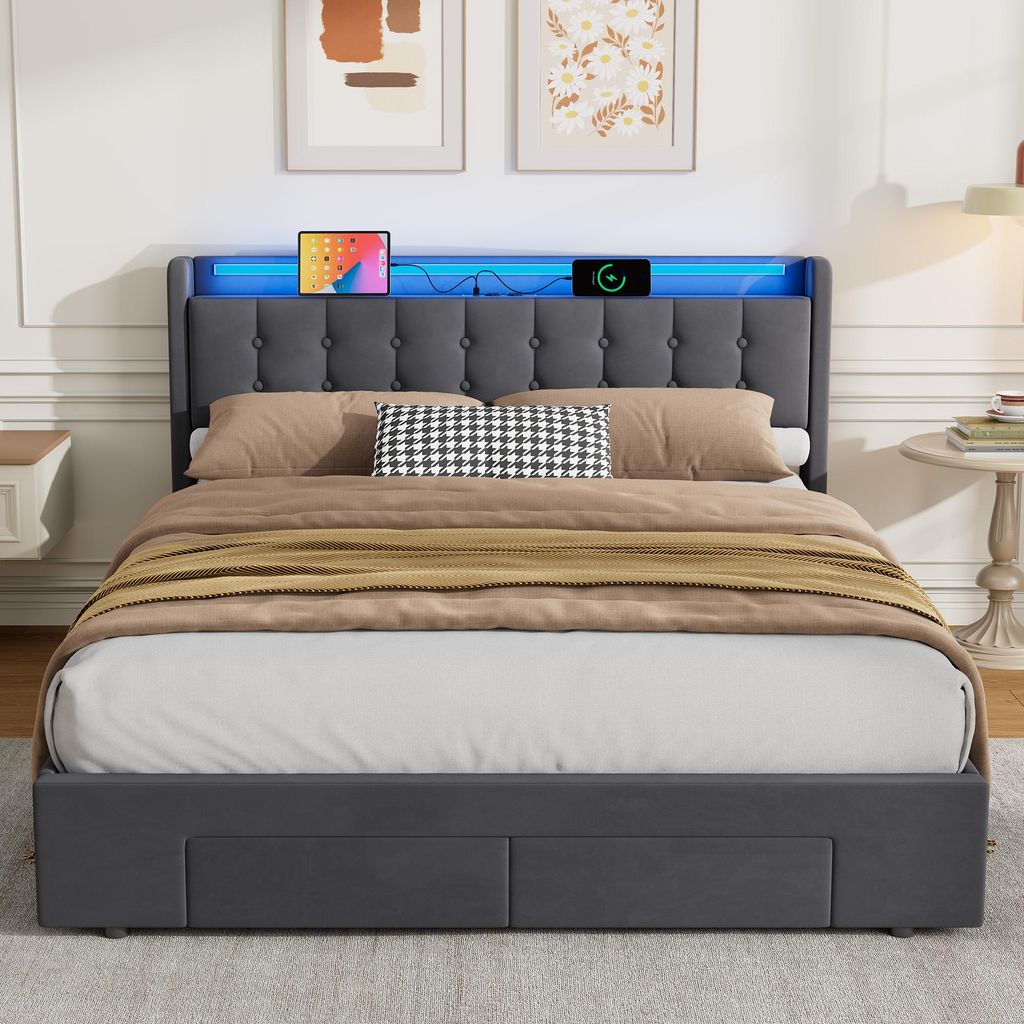 okwish Polsterbett 160×200 mit LED-Licht und Schubladen, Produktbild 