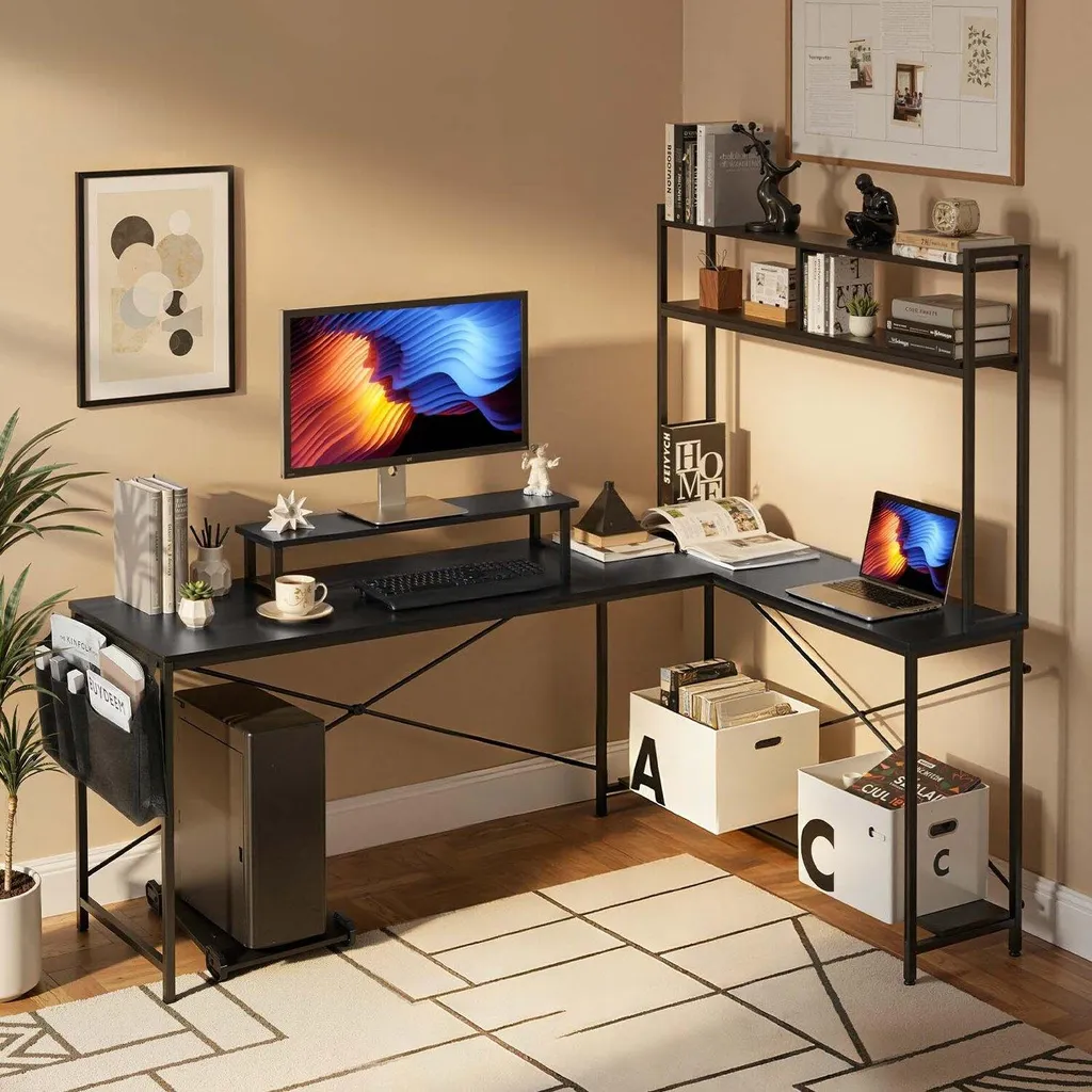 Bureau d'ordinateur en L 170cm avec support d'écran, table d'angle réversible - 8