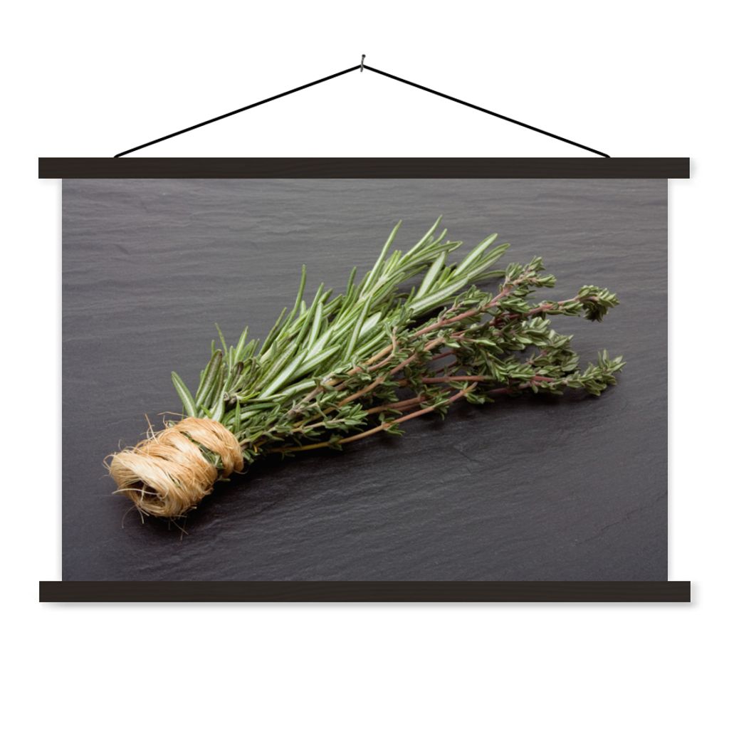 MuchoWow Textilposter Thymian - Kräuter - Grün - Tisch - Küche - Stein 120x80 cm mit schwarzem Rahmen - Wanddeko