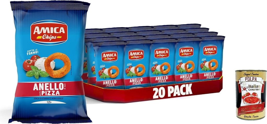 AMICA Chips | Patatine Anello al Gusto Pizza, Pizza -Mais -Ring chips, gebackene Mais -Snacks, mit Sonnenblumenkernöl, 20 x 125 g + Italian Gourme...