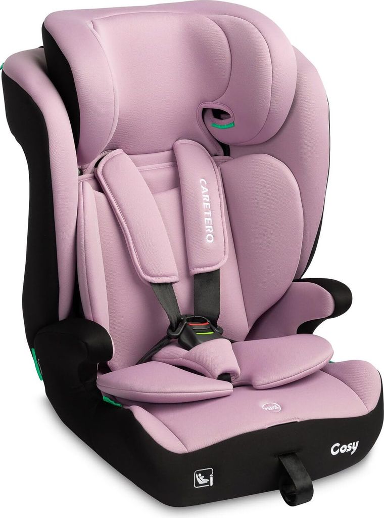 A studio shot of a violet and black child car seat.